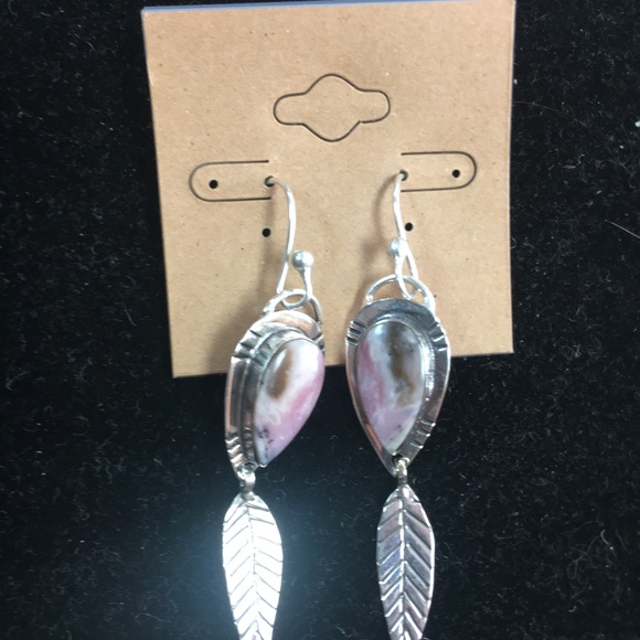 Sterling silver pink opal feather dangle earrings - Picture 2 of 3